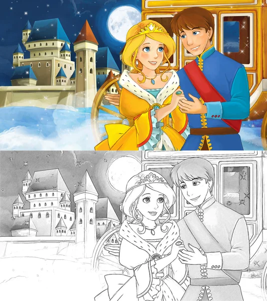 Cartoon scene with prince and princess and castle