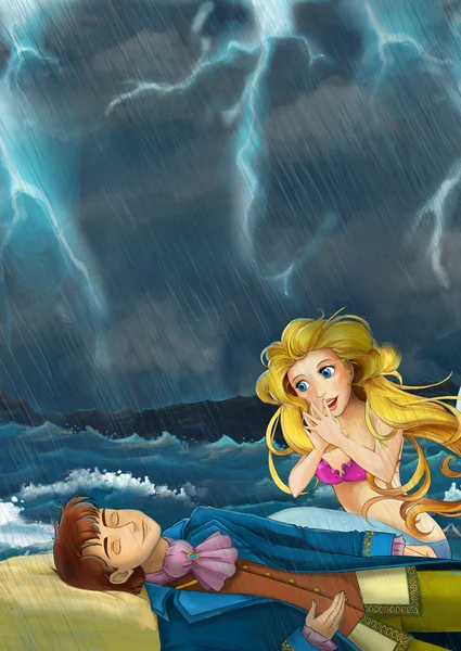 Mermaid helping young prince in storm