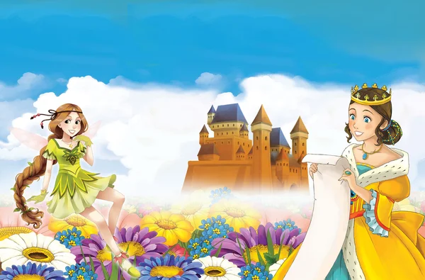 Cartoon scene with princess and fairies
