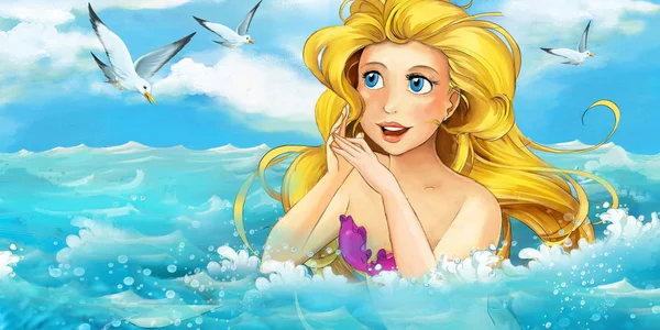 Cartoon ocean and the mermaid