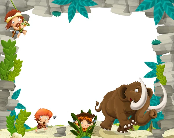 Happy cartoon prehistoric scene with cavemen and mammoth
