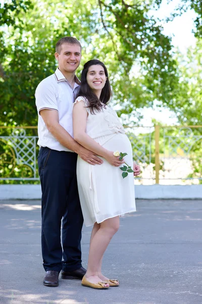 Pregnant woman with husband posing in the city park, family portrait, summer season, green grass and trees