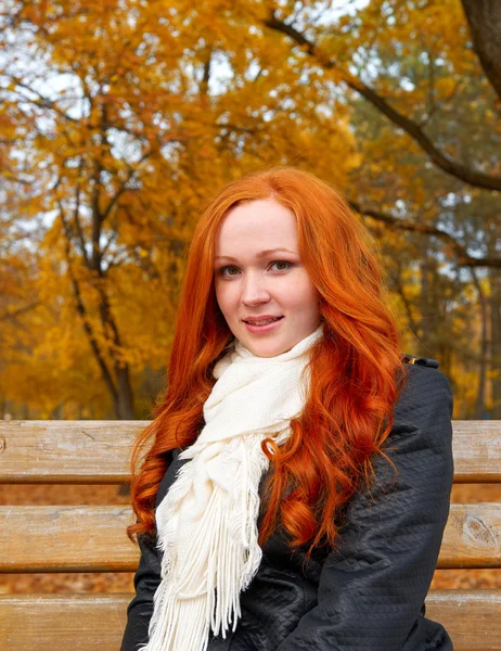 Beautiful young girl portrait sit on bench in park, yellow leaves at fall season, redhead, long hair