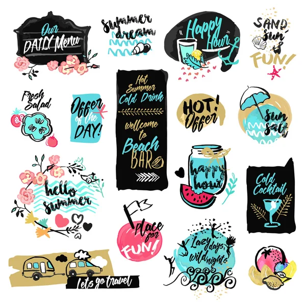Set of hand drawn watercolor labels and badges of summer.