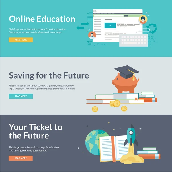 Flat design vector illustration concepts for online education, staff training, retraining, specialization, finance, banking, student loans, marketing