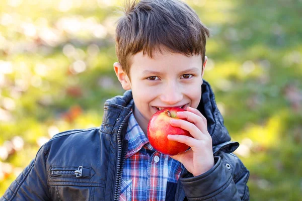 Little schoolboy bite apple