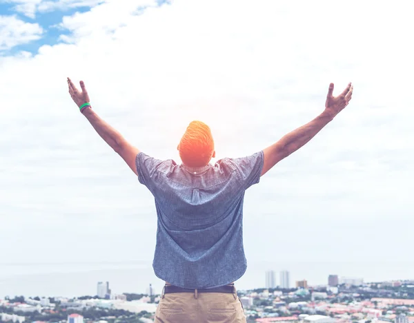 Back of business man standing on the top of mountain, raise hand