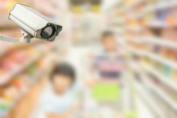 Modern security camera on monitoring the supermarket with blurre