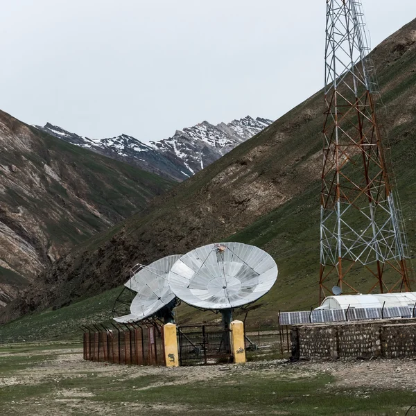 Big satellite dishes antena and solar panels at Rangdum, Padum,