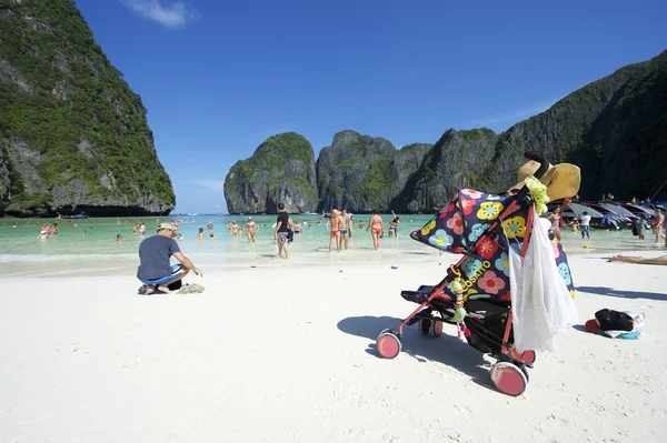 Maya Bay Thailand Family Tourists with Stroller