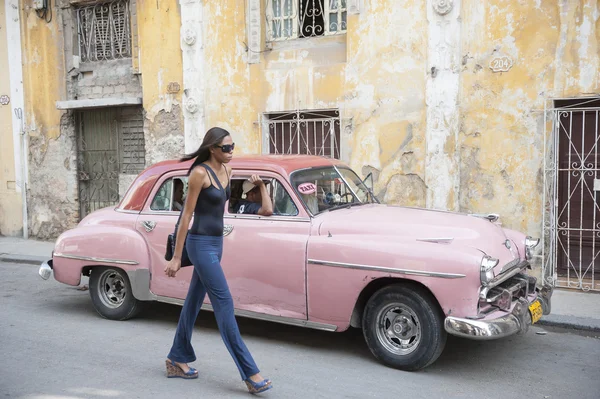 Cuban Woman Pink Taxi Car