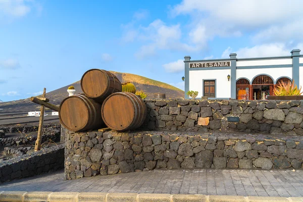 Wine oak barrels on terrace of winery in La Geria region