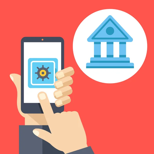 手拿着智能手机屏幕和银行图标上的安全。存款