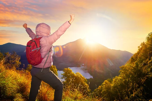 Happy traveler with backpack standing on a rock with raised hand