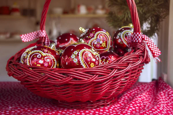 Christmas decorations with balls in basket