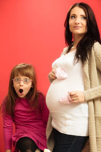Pregnant woman with her surprised daughter
