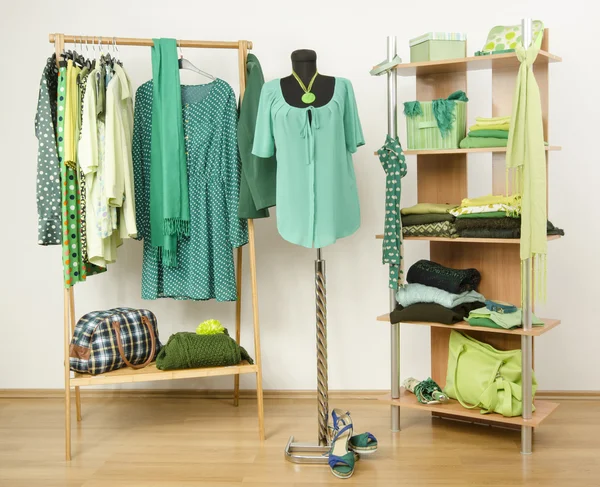 Dressing closet with green clothes arranged on hangers and shelf, outfit on a mannequin.