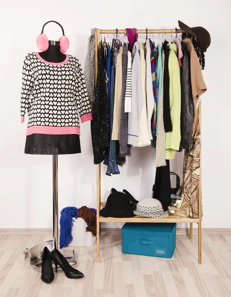 Wardrobe with winter clothes arranged on hangers and an outfit on mannequin.