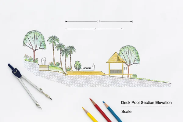 Architecture design Deck pool section elevation for luxury home.
