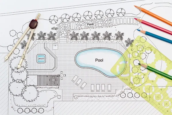 Landscape architect designs backyard plan with Pool