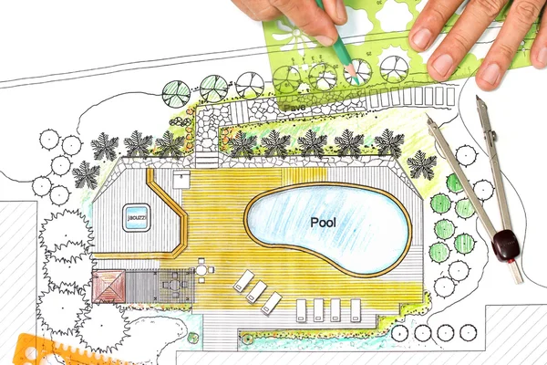 Landscape architect designs backyard plan with Pool for luxury villa