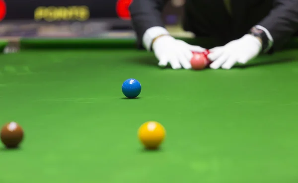Snooker referee arrange balls for new game ,