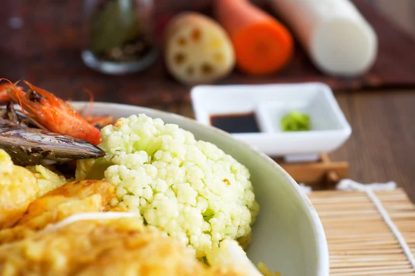 Fried tempura vegetable mix. Closeup photo