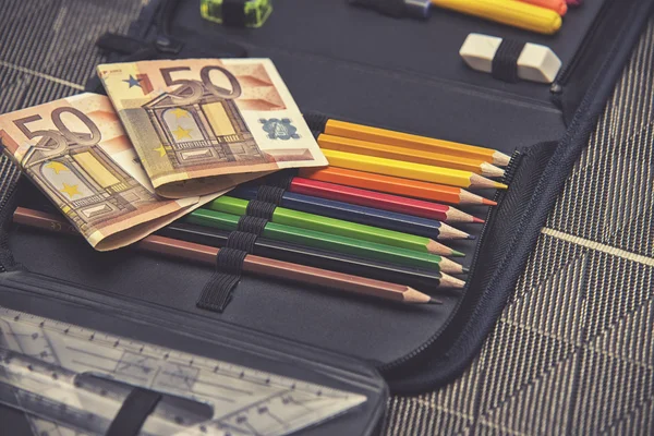 Expensive school theme, pencil case with euro money