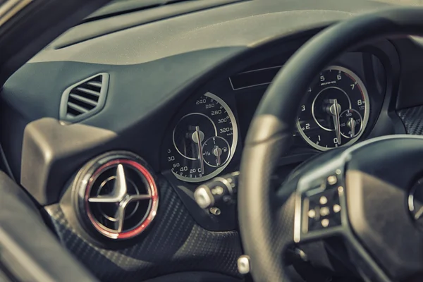 Sleza, Poland, August 15, 2015: Close upMercedes AMG steering wheel and cockpit on Motorclassic show on August 15, 2015 in the Poland