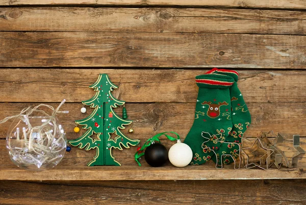 Christmas decorations on wooden floor