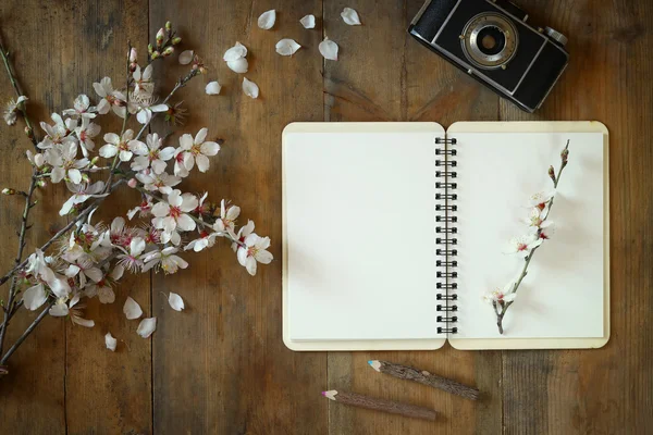 Top view image of spring white cherry blossoms tree, open blank notebook, old camera on blue wooden table
