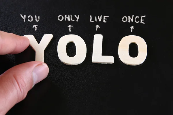 Man hand pointing at the words YOLO you only live once written on black leather background