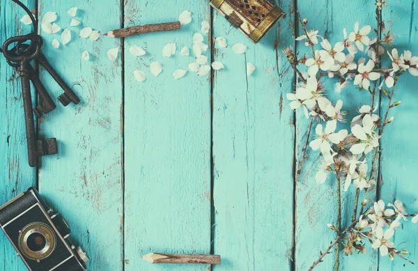 Top view image of spring white cherry blossoms tree, old camera on blue wooden table