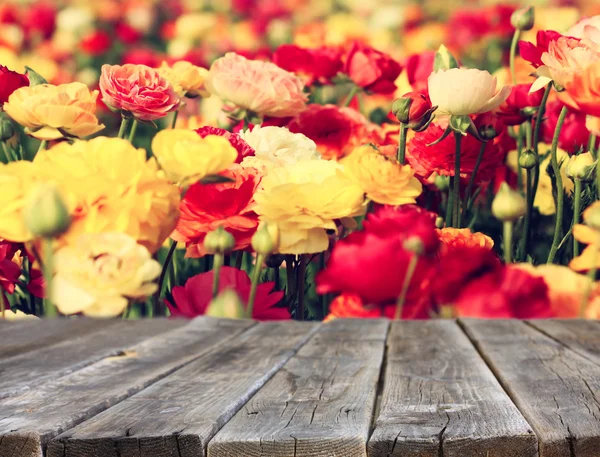 Wood board table in front of summer landscape of field with many flowers