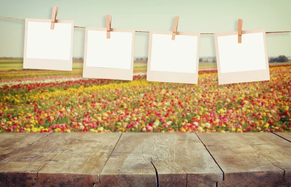 Old polaroid photo frames hanging on a rope with vintage wooden board table in front of summer flowers field bloom landscape