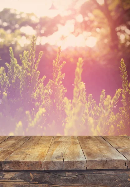 Vintage wooden board table in front of dreamy and abstract landscape with lens flare.