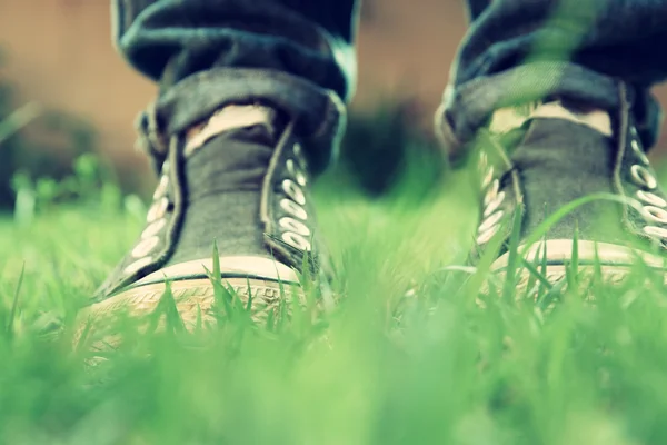 Green grass and persons shoes