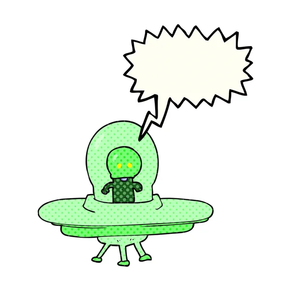 Comic book speech bubble cartoon alien in flying saucer