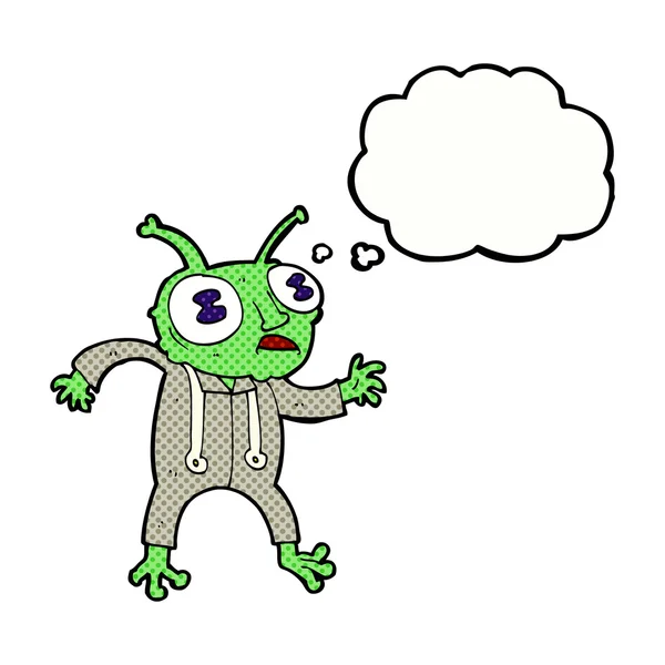 Cartoon alien spaceman with thought bubble