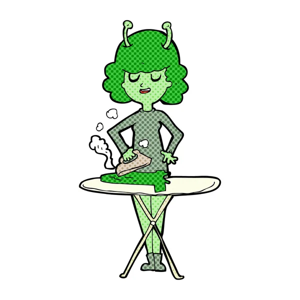 Cartoon alien woman ironing