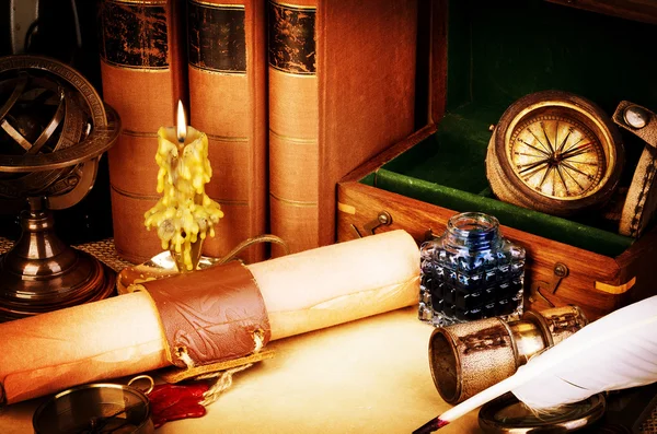 Old books, burning candle, spyglass, old scroll with red wax seal, vintage compass. Adventure stories background. Retro style.