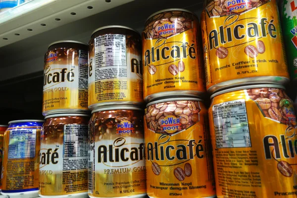 Shelves filled with can drink in retail market