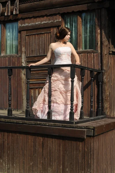 Porch, palace, girl on a porch, wooden house, garden, girl in a garden, summer, girl with a pink bush, pink bush, pink dress, noblewoman, bride, wedding dress, Kolomna, Moscow, Kolomna park,