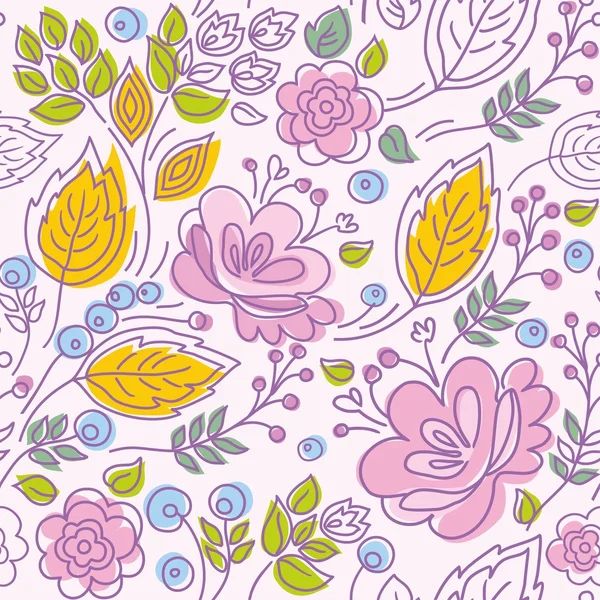 Seamless pattern, contour, pink flowers, yellow leaves, pink background.