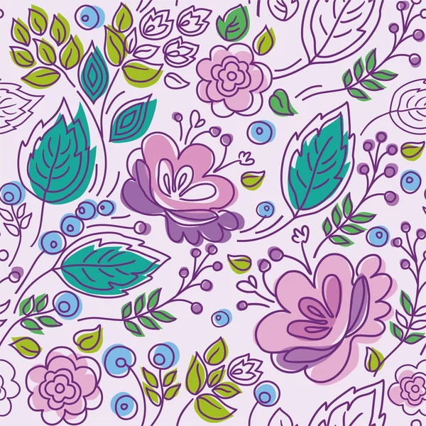Seamless pattern, lilac, purple outline, pink flowers, emerald leaves.
