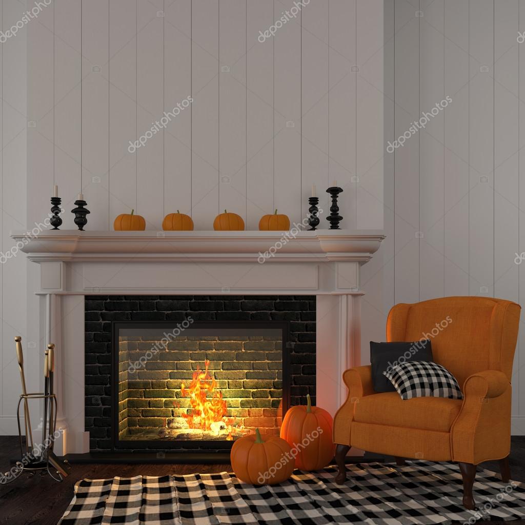 Vintage oranje leunstoel bij de open haard — stockfoto © jzhuk ...