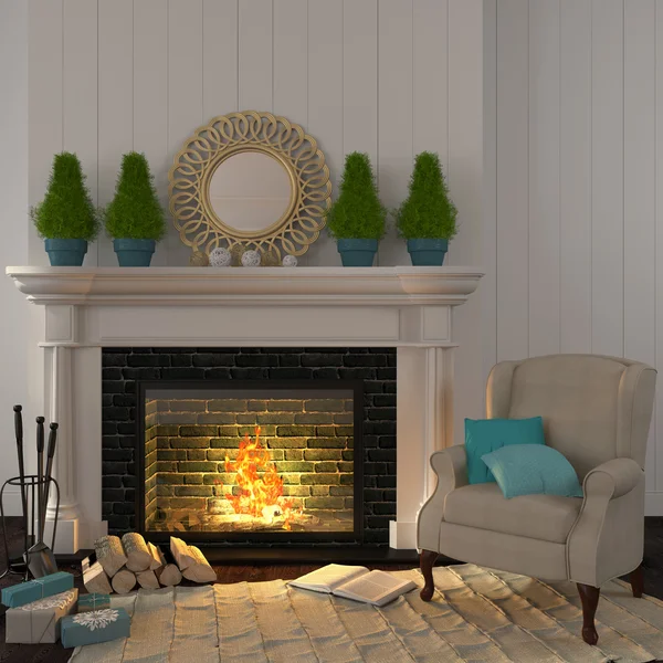 Vintage beige armchair near the fireplace with Christmas decor