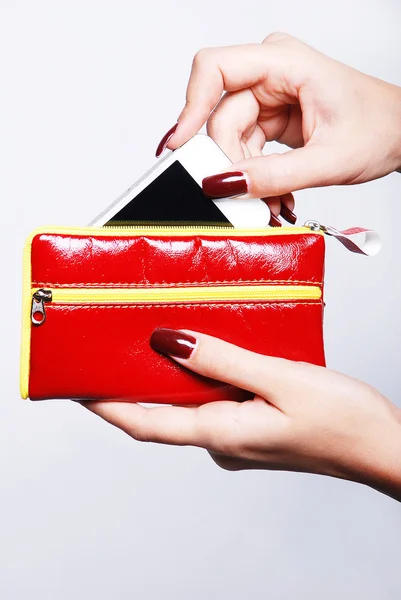 Female hands with red purse