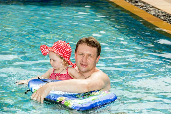 Father teaching his daughter to swim