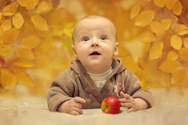 The funny baby lies in the yellow leaves